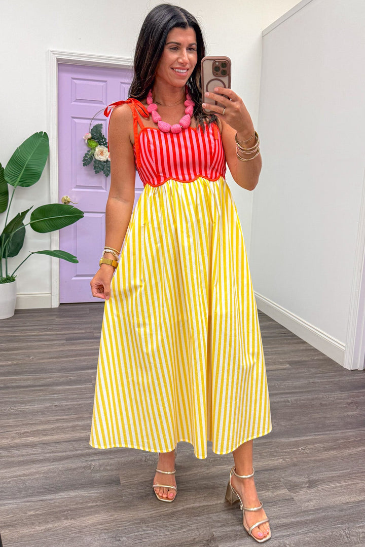 yellow cream coral and pink vertical striped sleeveless midi dress