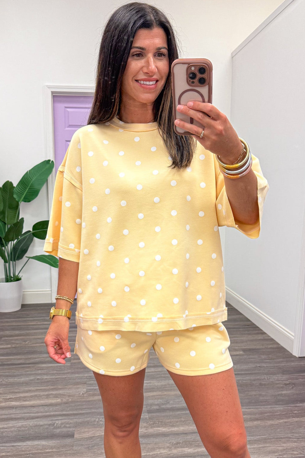 butter yellow with white polka dot print crew neckline top and shorts matching knit loungewear set