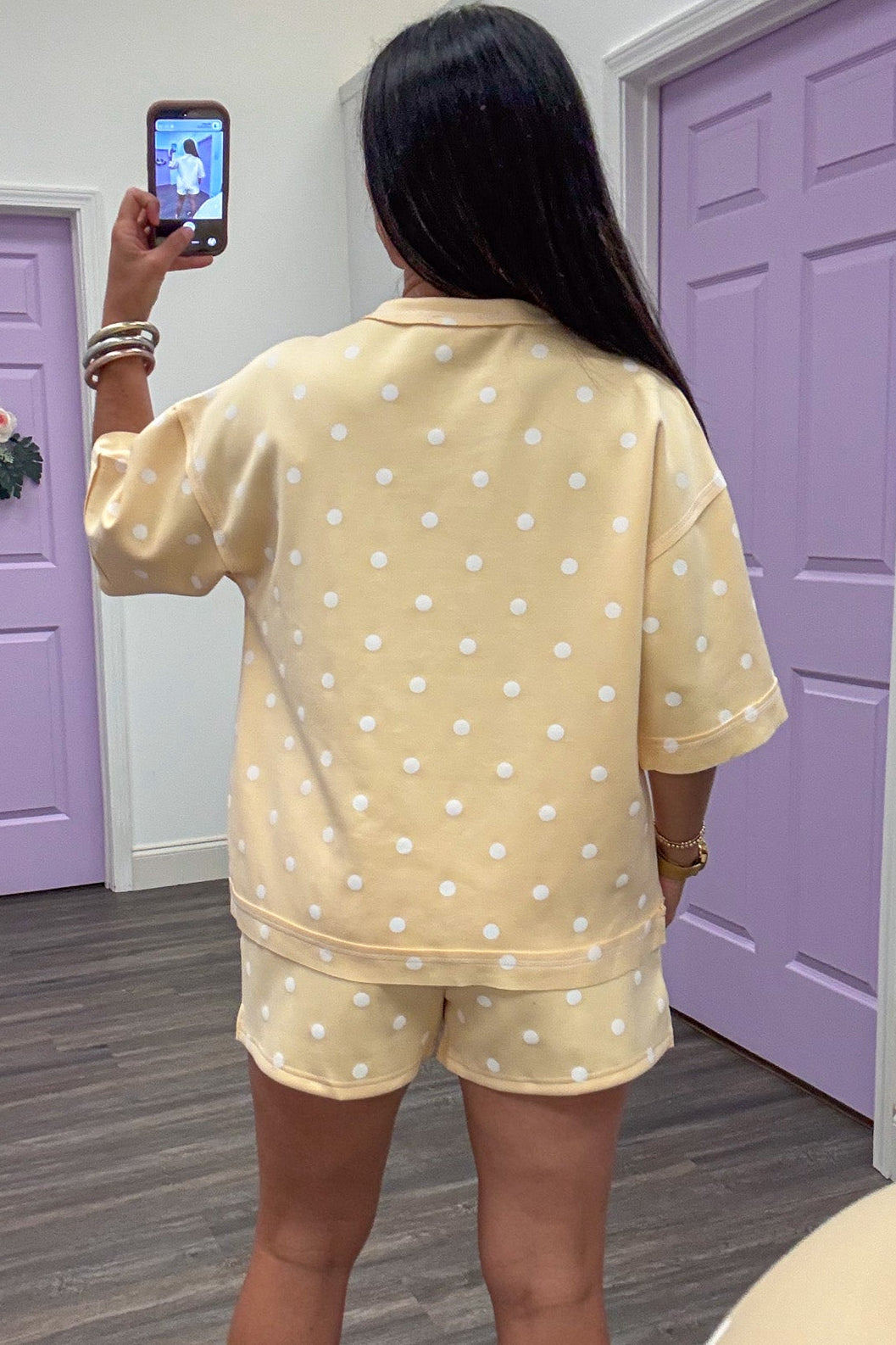 butter yellow with white polka dot print reverse seams top and shorts matching knit loungewear set