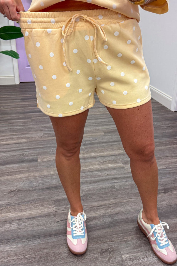 butter yellow with white polka dot print top and elastic waistband shorts matching knit loungewear set