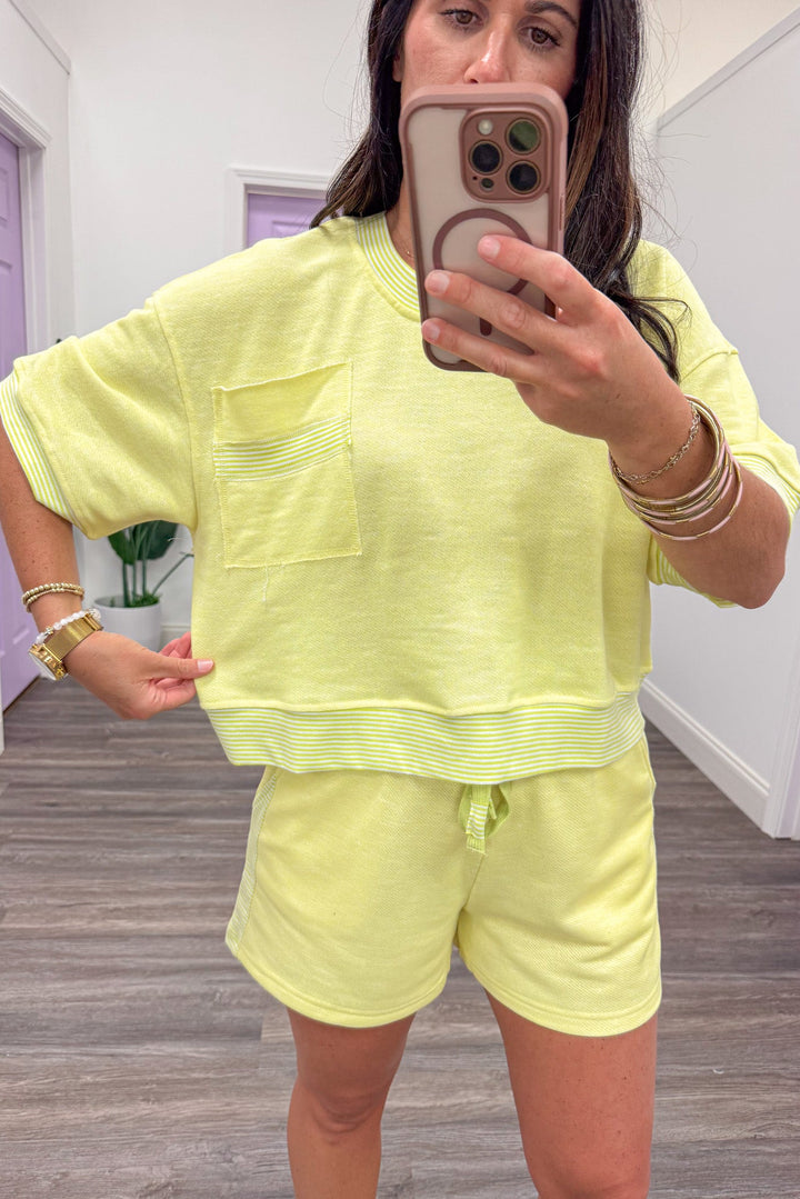 lemon yellow short sleeve semi-cropped relaxed fit terry knit top