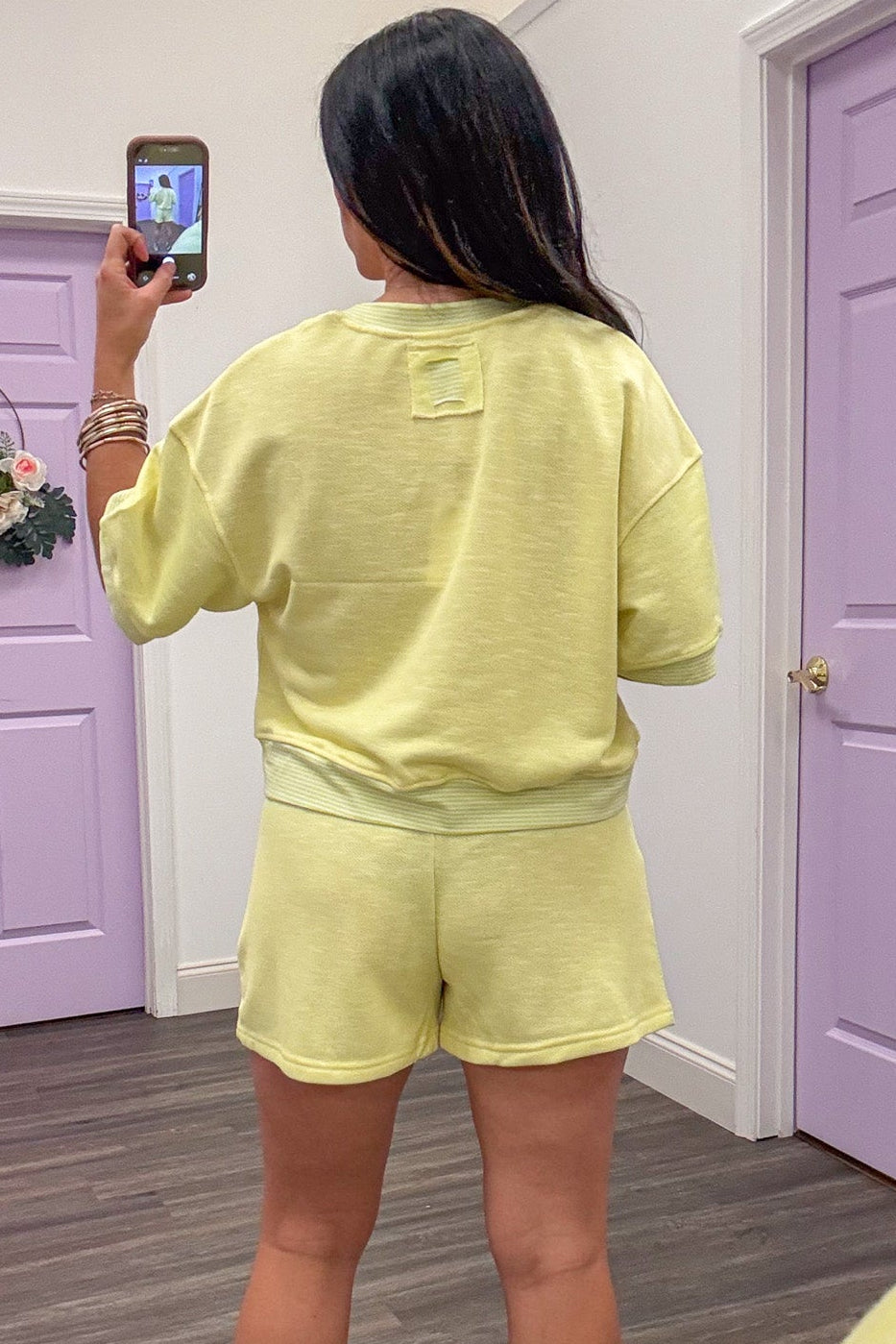 lemon yellow short sleeve crew neckline semi-cropped terry knit top