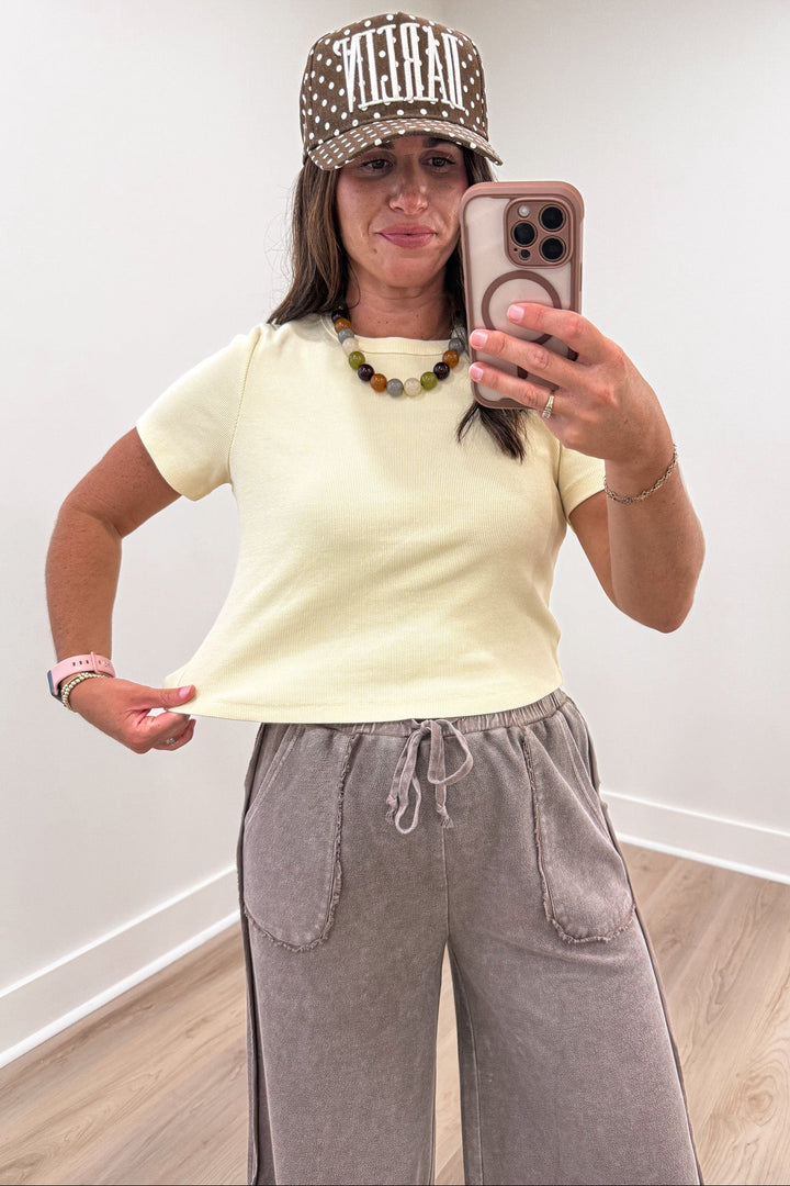 solid pale yellow lemonilla short sleeve crew neckline semi-cropped ribbed basic top