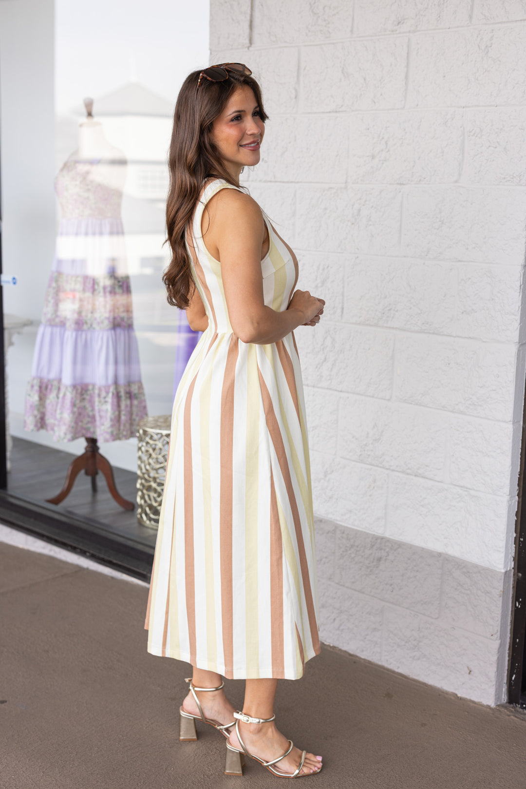 yellow tan and sand vertical striped sleeveless crew neckline denim midi dress