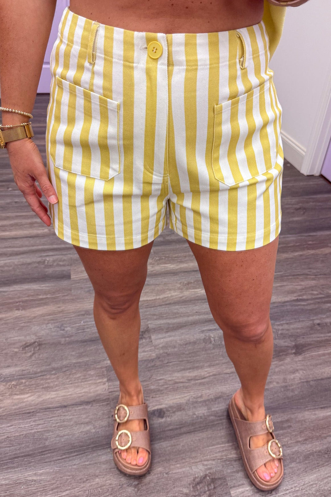 lemon yellow and white vertical striped high-waisted denim twill shorts