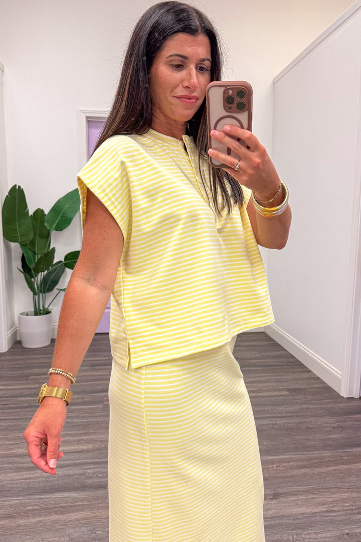 yellow and white striped short dolman sleeve semi-cropped cotton top with side slits at hem