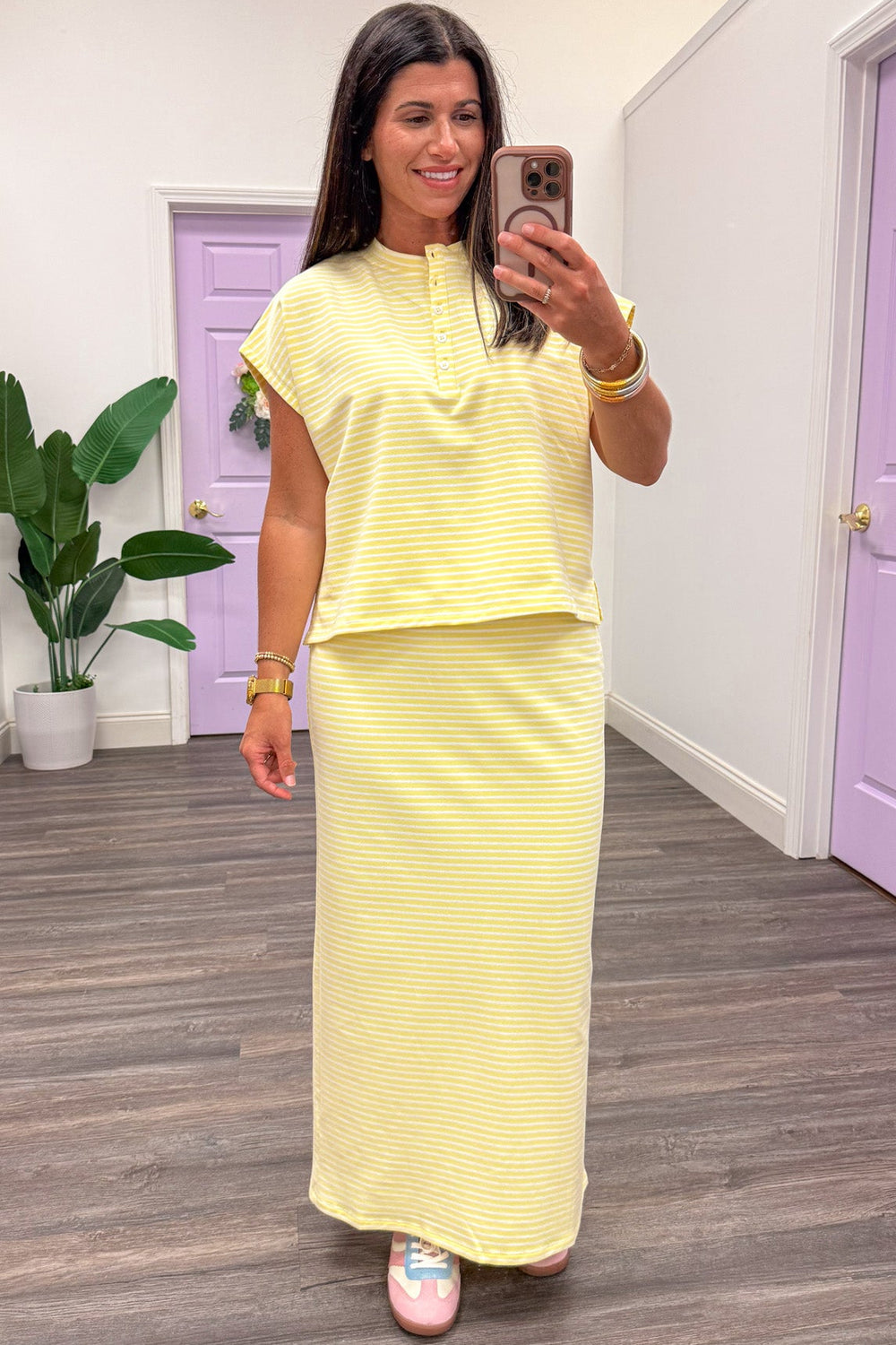yellow and white striped dolman sleeve button front bodice semi-cropped cotton top