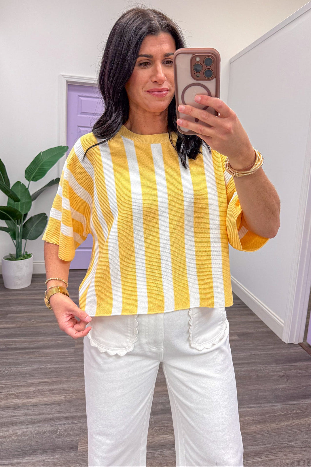yellow and white vertical striped dolman sleeve crewneck knit top close up