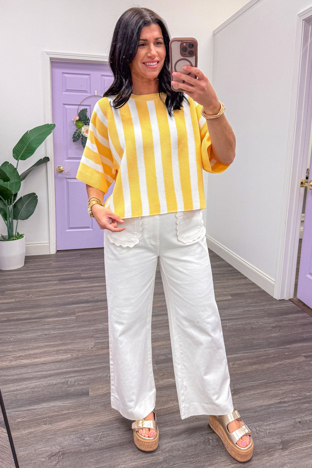 yellow and white vertical striped dolman sleeve crewneck knit top