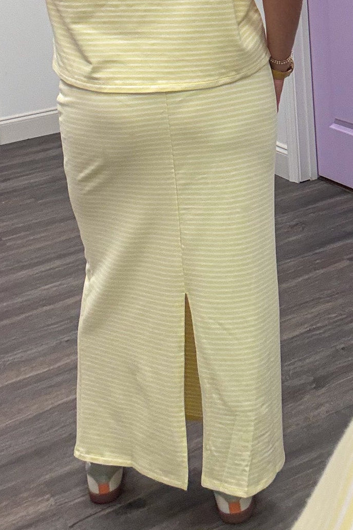 yellow and white horizontal striped lightweight cotton midi skirt with bottom hem slit in back