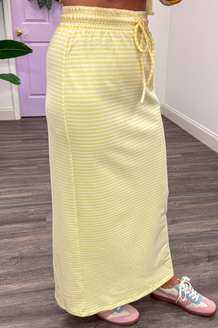 yellow and white horizontal striped lightweight cotton relaxed silhouette midi skirt