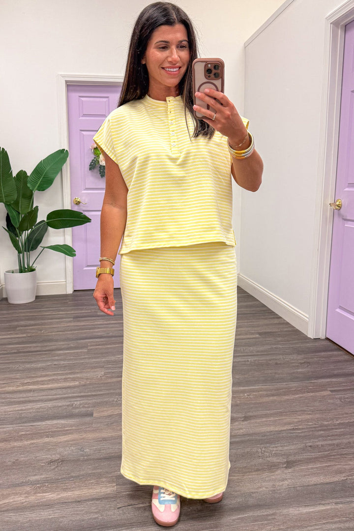 yellow and white horizontal striped lightweight cotton midi skirt