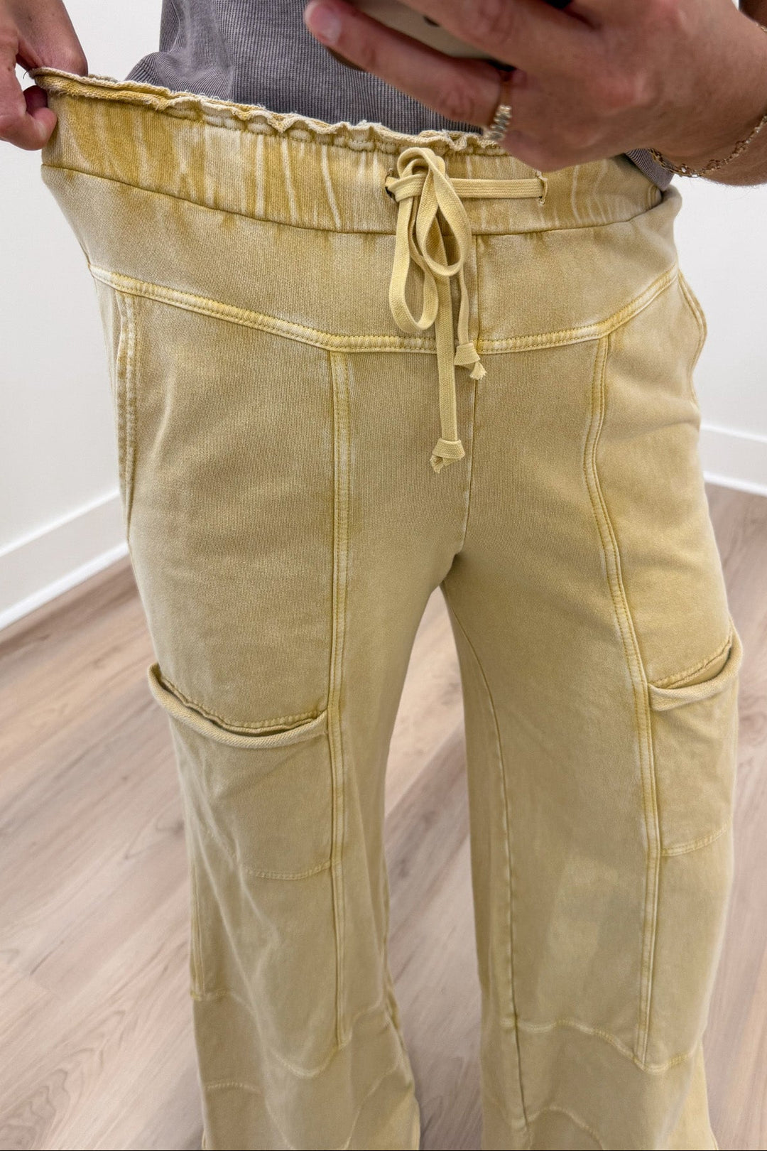solid butter yellow drawstring elastic waist wide leg cargo style french terry knit pants