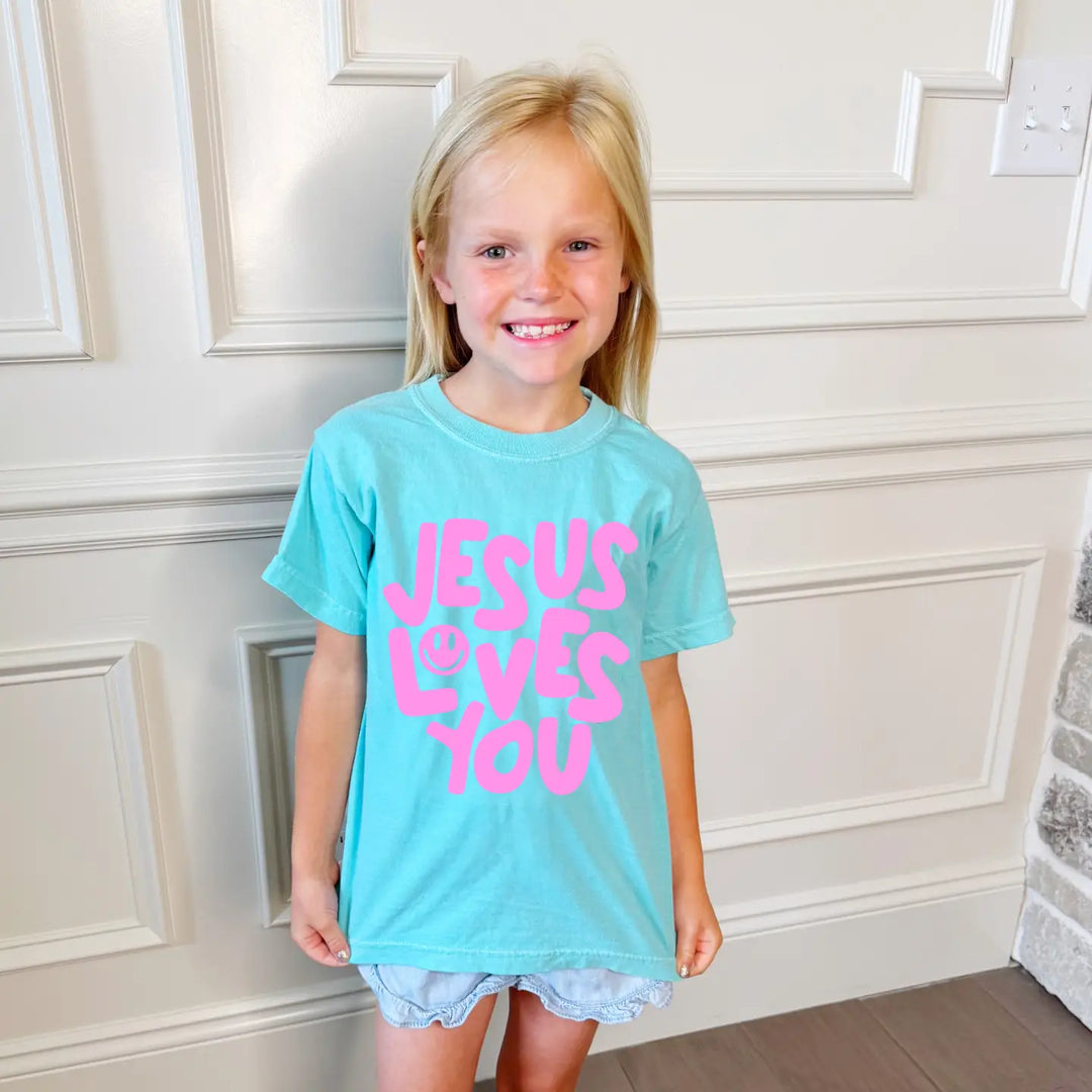 Jesus loves you puff print graphic tee kids sizes