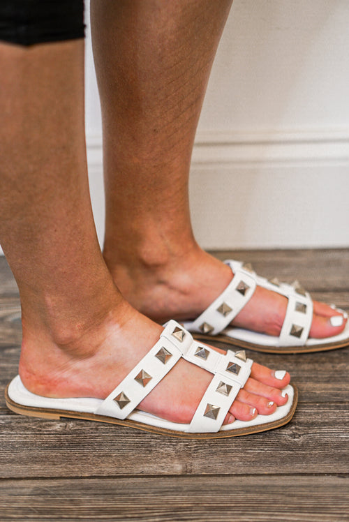 white studded flat sandals